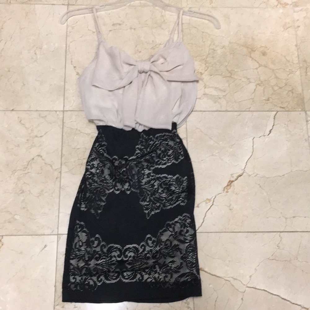 Papaya spaghetti strap cream and lace black dress